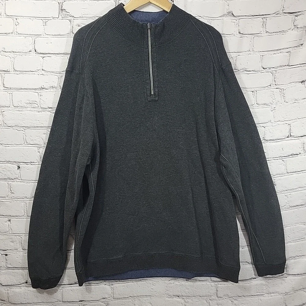 Tommy Bahama Sweater Mens Sz L Blue Gray Reversible Henley Pullover Measurements